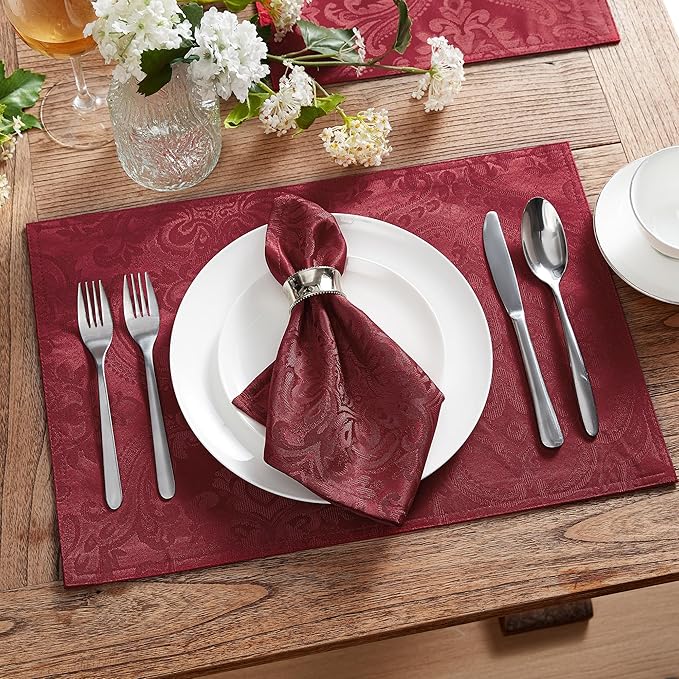Elrene Home Fashions Caiden Elegance Damask Fabric Placemats, 13" x 19", Cranberry, Count 4 (Pack of 1)