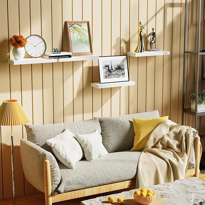 Floating Shelves for Wall, White Engineered Wood Wall Shelf Set of 6, 16" Wall Mounted Floating Shelf for Kitchen, Living Room, Bedroom, Bathroom Storage, Book Shelf Home Decor