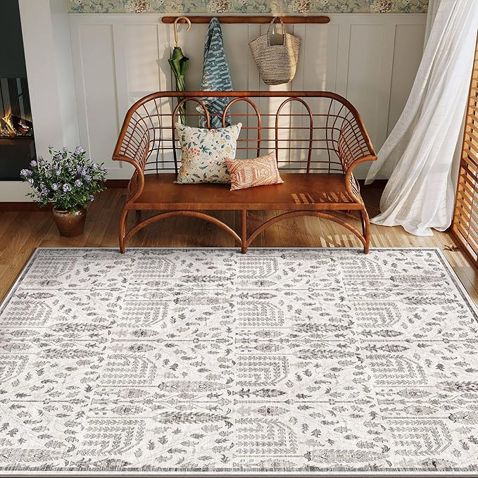 Area Rug 5x7 Washable Grey Carpet Non Slip Large Boho Thin Floral Farmhouse Throw Accent Rug for Living Room Bedroom Office Kitchen Bathroom