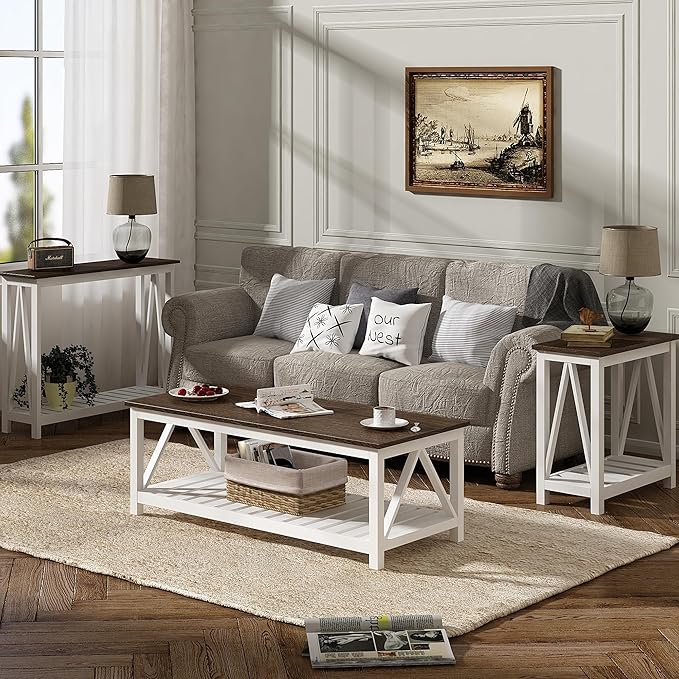 ChooChoo Farmhouse Coffee Table, Rustic Vintage Living Room Table with Shelf, 47 White