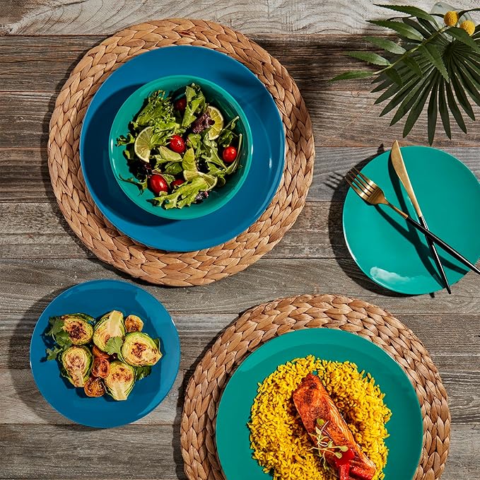Tabletops Gallery 12 Piece Green Blue Melamine Dinnerware Set Plates Bowls for Indoor Outdoor Use, Service for 4, Tropical
