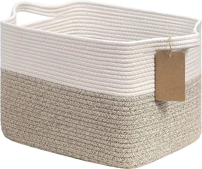 Goodpick Woven Storage Basket for Shelves, Cotton Rope Dog Toy Bin, Empty Gift Basket with Handles, Square Baskets for Storage, Brown and White Storage Bin, 13 x 10 x 9 Inches