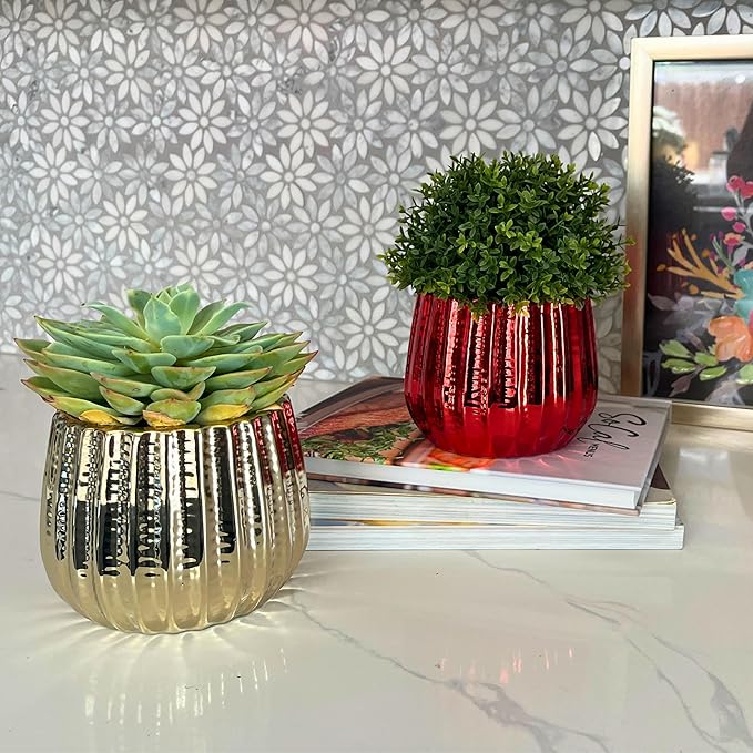 Admired By Nature 4" Ceramic Flower Planter, Ceramic Pot Planter, Indoor Ceramic Bowl, Houseplant Ceramic Pot, Decorative Planter for Indoor Plant Succulent Plant Home Décor, Lightweight, YLW Gold