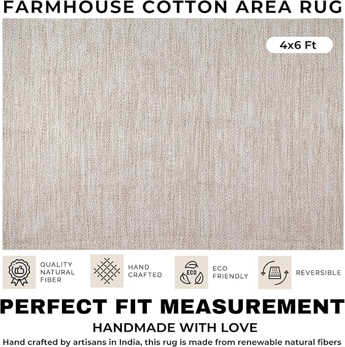 Poly Cotton Area Rug 48x72 Inch – Natural Matty Texture, Machine Washable 4x6 Ft Rug for Living Room – 80% Polyester 20% Cotton – Rustic Farmhouse Style Floor Carpet Bedding Craft