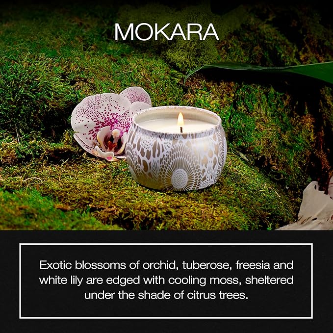 Voluspa Mokara, Mini Tin Candle, 4 Ounce, 25 Hour Burn Time, Coconut Wax for Clean Burning, Handcrafted in The USA