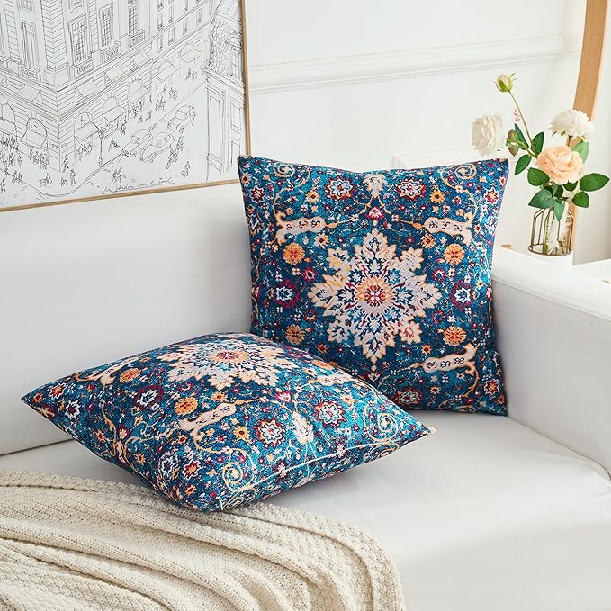 Boho Throw Pillow Covers 16x16 inch Set of 2,Boho Vintage Carpet Pattern Antique Ethnic Decor Double Sided Pattern Cushion Cover Soft Pillow Case Living Sofa Room Bed Square Pillow Cover