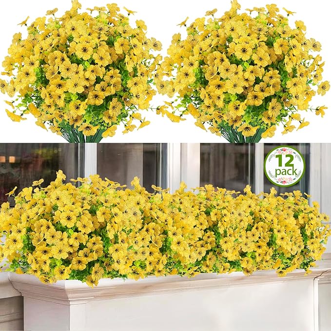 Artificial Flowers Outdoor Faux Plants UV Resistant 12 Bundles Fake Patio Flowers Plastic Greenery Plnats Outside Bulk for Spring Garden Hanging Planter Home Vase Decor, Yellow