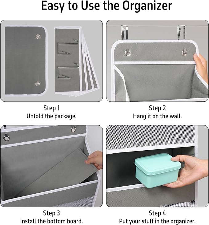 Heavy Duty Over Door Organizer, Wall Mount Hanging Organizer Storage with 4 Large Capacity Pockets, Closet Bathroom Nursery Bedroom Dorm, Toys Cosmetics Sundries and Baby Essentials, Gray