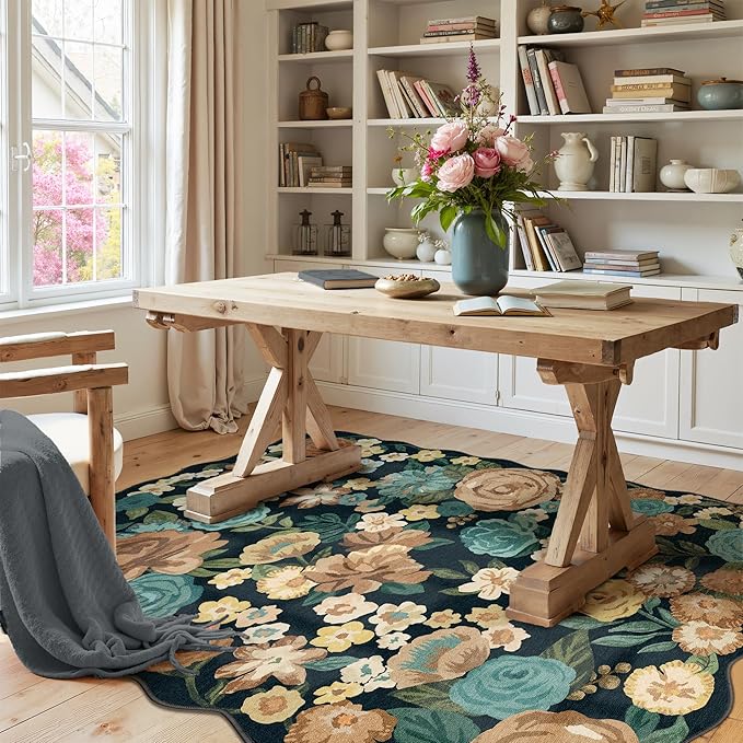 Washable Floral Area Rug 4x6 Black Office Carpet Scalloped Flower Non Slip Soft Living Room Rug Farmhouse Low Pile Thin Indoor Floor Cover for Bathroom Bedroom Kitchen Laundry Dining Room