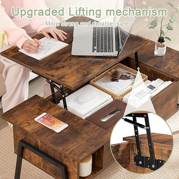 VECELO Wood Lift Top Coffee Table with Hidden Compartment and Storage Shelf for Living Room/Office Reception, Rising Tabletop, Brown