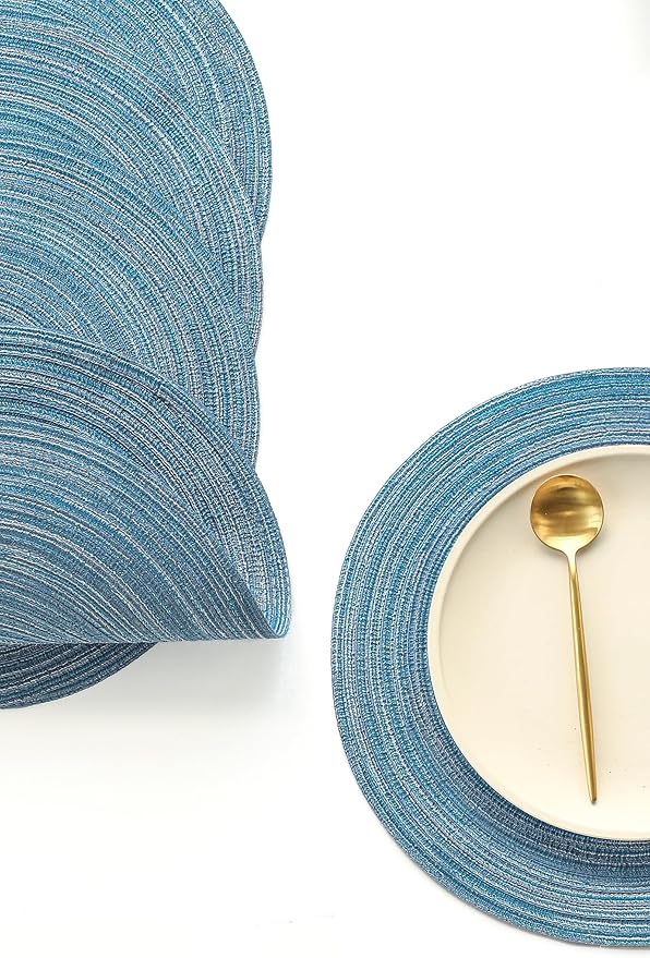Floroom 15 Inch Round Braided Placemats Set of 4, Washable Heat Resistant Cotton Polyester Circle Place Mats for Kitchen Dining Table - Dusty Blue
