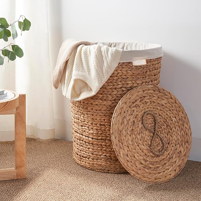 Round Woven Wicker Laundry Hamper with Lid - Large Water Hyacinth Storage Wicker (Natural Brown, 18x18x23 in)