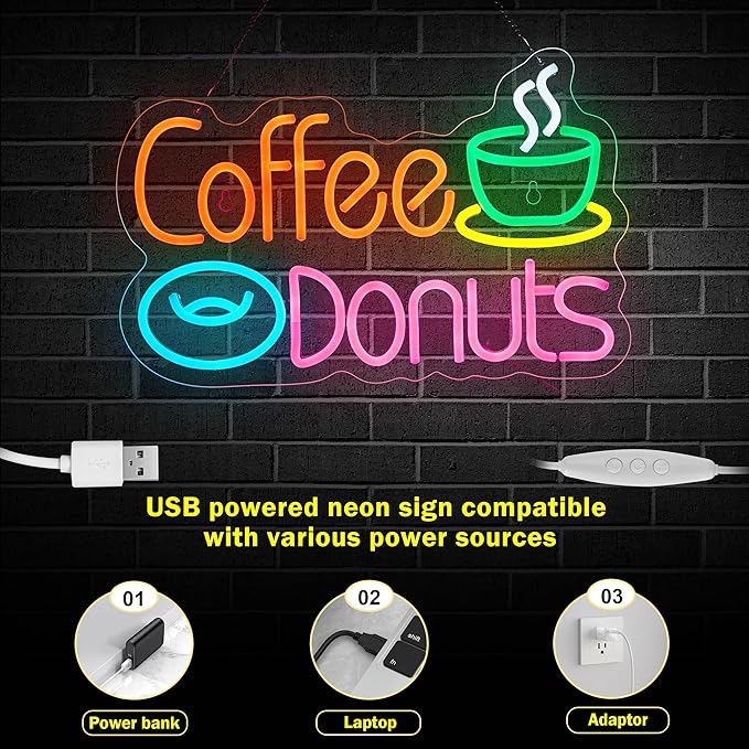 Coffee and Donuts Neon Sign for Wall Décor Dimmable LED Neon Light USB Powered Neon Art Signs Decor
