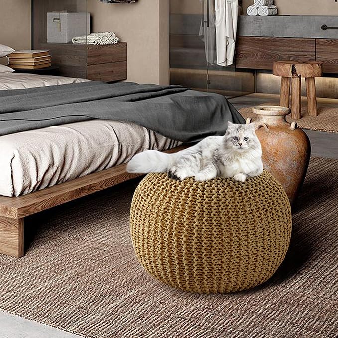 HOMBYS Unstuffed Ottoman Pouf Cover, 100% Cotton Handmade Knitted Ottoman Pouf Cover Round Foot Stool, Floor Bean Bag Chair, Foot Rest Storage for Living Room Bedroom, Ginger(Cover ONLY NO Filler)