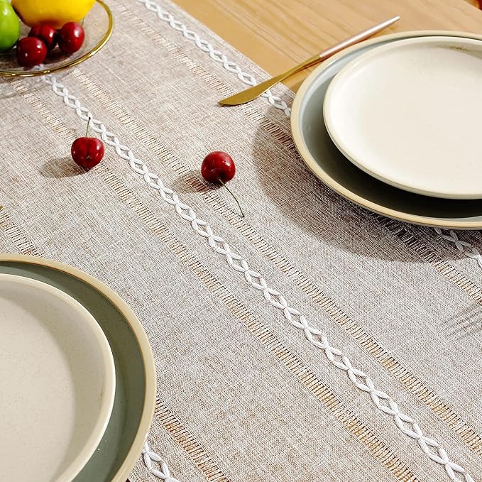 Chassic Fall Rustic Farmhouse Style Linen Table Runner, Boho Handmade Tassel Table Runners 72 Inches Long for Holiday Party, Thanksgiving and Dining Decorations, 13 x 72 inch - Light Coffee