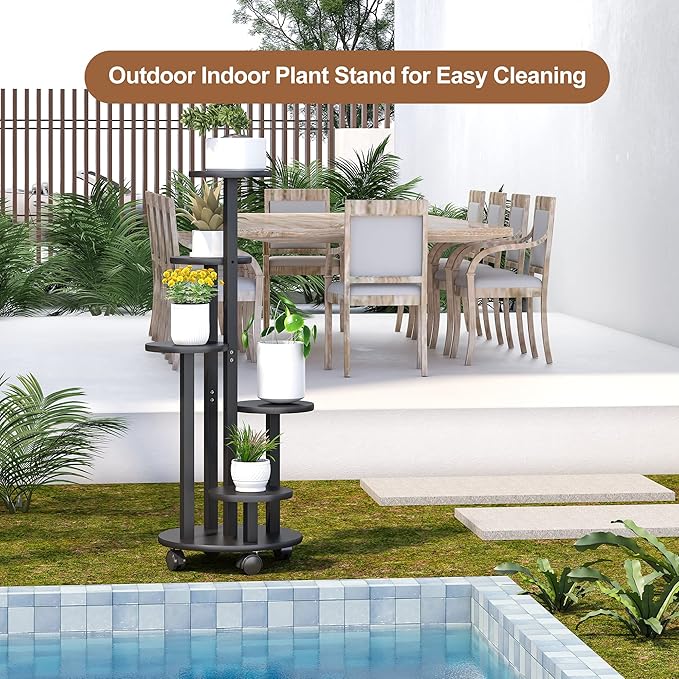 FILWH Plant Stand For Outdoor Indoor Tall Bamboo Flower Stand with Wheels Plant Shelf Pot Holder Plants Corner Display Rack for Balcony Garden Patio(Black)
