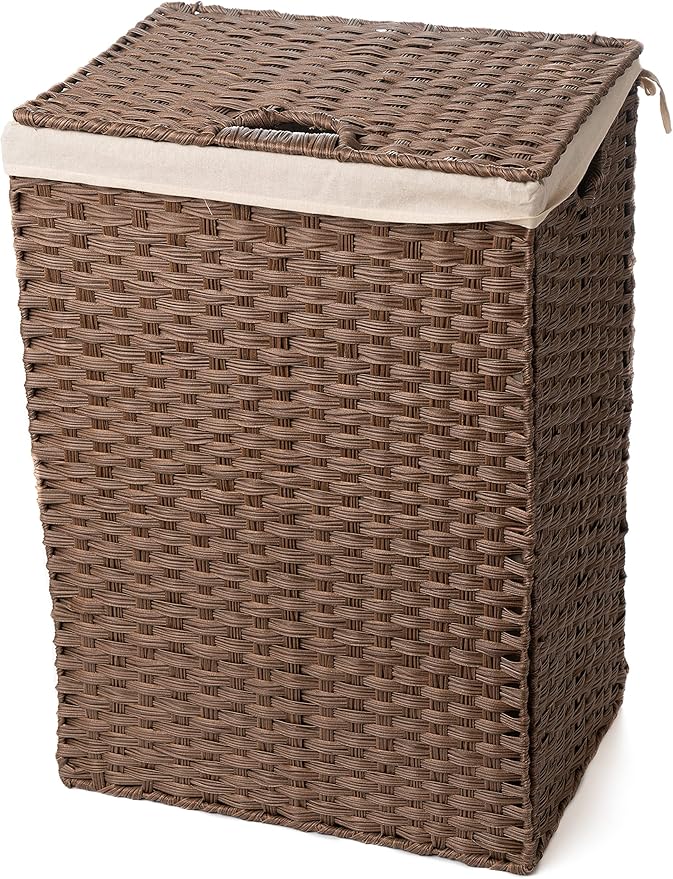 Synthetic Wicker Laundry Hamper Basket with Lid and Liner (Brown)