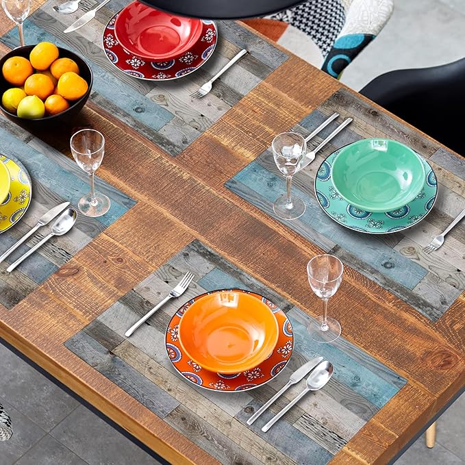 Giwawa Rustic Wood Grain Placemats Set of 4, Vintage Barn Wooden Linen Table Mat, Farmhouse Country Style Lodge Heat Resistant Washable Place Mats for Dining Kitchen Party Holiday Decor 12x18Inch