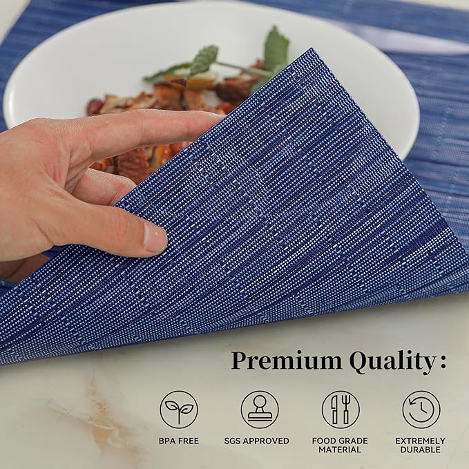 Leetaltree Blue Placemats Set of 12 - Heat Resistant Non-Slip Place mats for Dining Table, Washable Durable PVC Vinyl Woven Table Mats(Blue, 12)