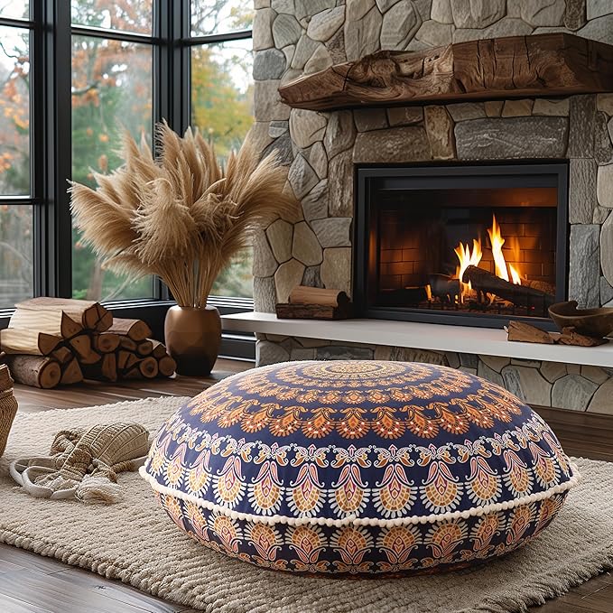 Codi Meditation Floor Pillows, Round Large Pillow Seating for Adults, Bohemian Mandala Circle Floor Cushion for Outdoor Fireplace Yoga Living Room, 32 Inch, Yellow Memory Foam Added