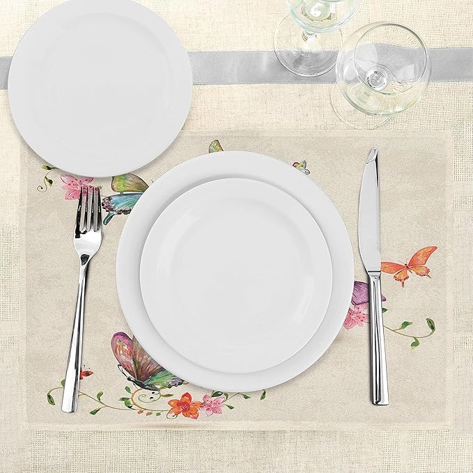 Ambesonne Butterfly Place Mats Set of 8, Springtime Flying Moths on Vintage Style Background Wings Transformation, Washable Fabric Placemats for Dining Table, Placemat 8 pcs, Cream Pink