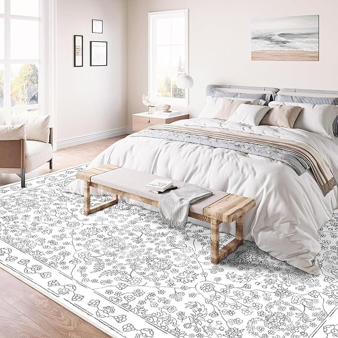 Floral Area Rug 5x7 Washable Grey Carpet Non Slip Large Boho Thin Farmhouse Throw Accent Rug for Living Room Bedroom Office Kitchen Bathroom
