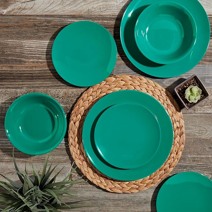 Tabletops Gallery 12 Piece Dark Green Melamine Dinnerware Set Plates Bowls for Indoor Outdoor Use, Service for 4, Emerald