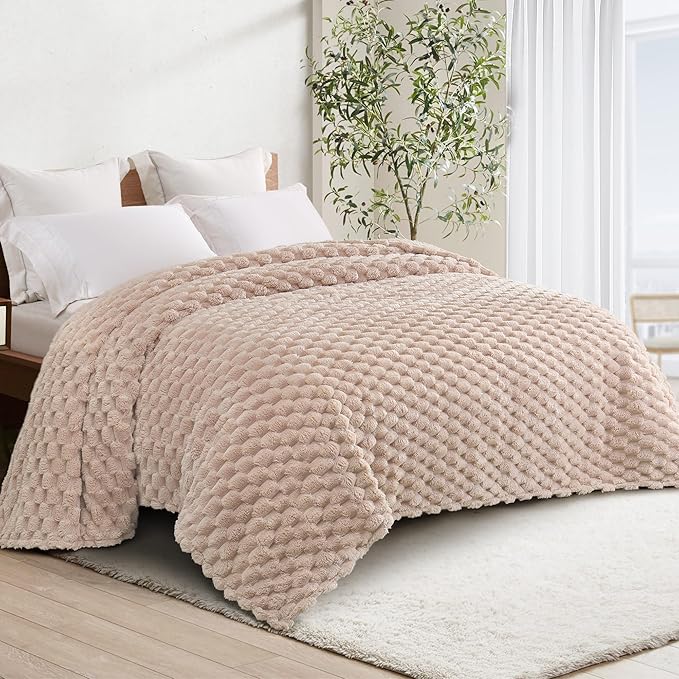 Whale Flotilla Queen Size Blanket for Bed with Jacquard Pattern, Fuzzy Soft Cozy Exquisite Blankets for All Season, Warm and Fluffy, 90x90 Inch, Camel