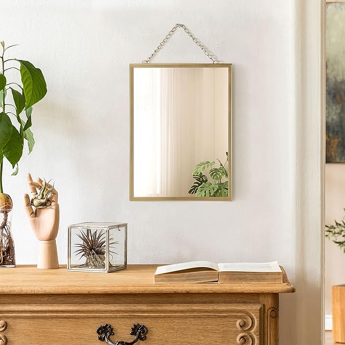 Gold Hanging Mirror with Chain, 12 x 16 Inch Rustic Wall Decor for Bathroom, Entry, Dining Room, and Living Room. Metal Rectangle Vanity Mirror, Decorative Mirror.