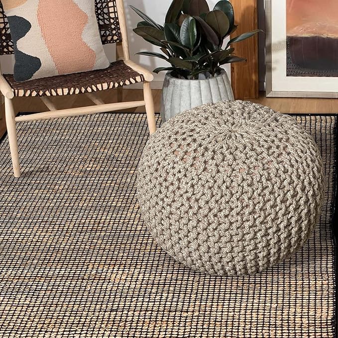 Chardin home- Crochet Beige-Ivory Pouf - Cozy & Bohemian, Recycled Cotton, Hand Crafted Casual Seating/Ottoman for Home, Office, Bedroom, 18"x18"x14".