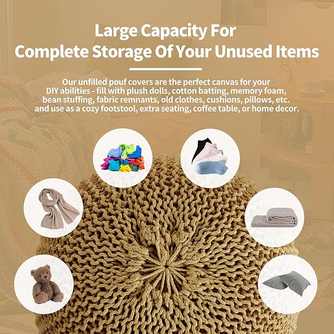 HOMBYS Unstuffed Ottoman Pouf Cover, 100% Cotton Handmade Knitted Ottoman Pouf Cover Round Foot Stool, Floor Bean Bag Chair, Foot Rest Storage for Living Room Bedroom, Ginger(Cover ONLY NO Filler)