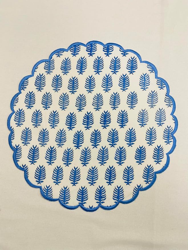Ridhi Cerulean Blue Bo-ho Round Place Mat Double Layer Floral Cotton Washable Placemats 15" Round Embroidery Block Print Table Mat Pack of 4-15 Inch Round