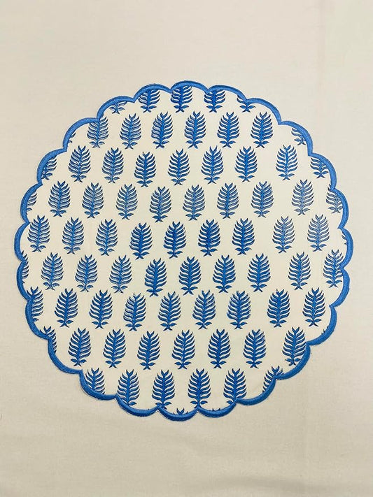 Ridhi Cerulean Blue Bo-ho Round Place Mat Double Layer Floral Cotton Washable Placemats 15" Round Embroidery Block Print Table Mat Pack of 4-15 Inch Round