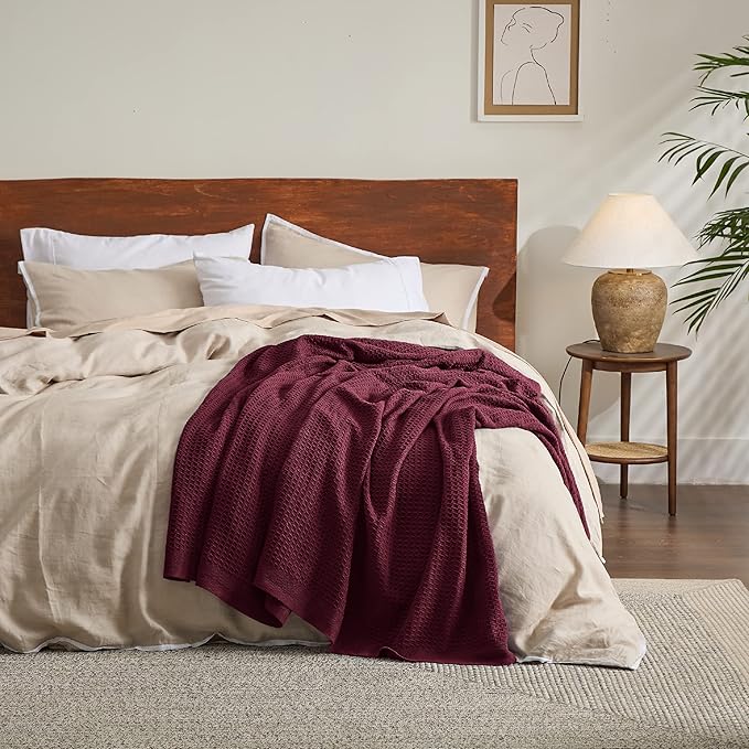 Bedsure 100% Cotton Blanket King Size for Bed - Breathable and Soft, Waffle Weave Blanket for Summer Spring, Burgundy Red, 104x90 inches