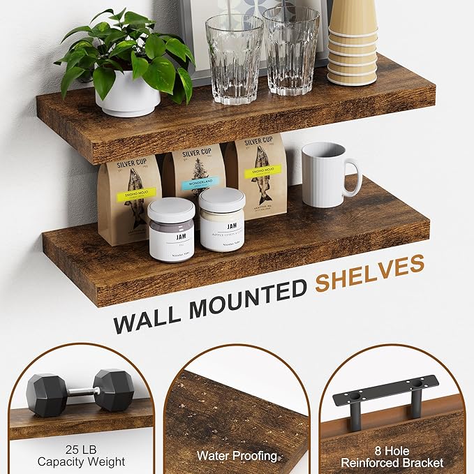 Bellsal Floating Shelves for Wall, Rustic Brown Wood Wall Shelf Set of 4, 16" Wall Mounted Floating Shelf for Kitchen