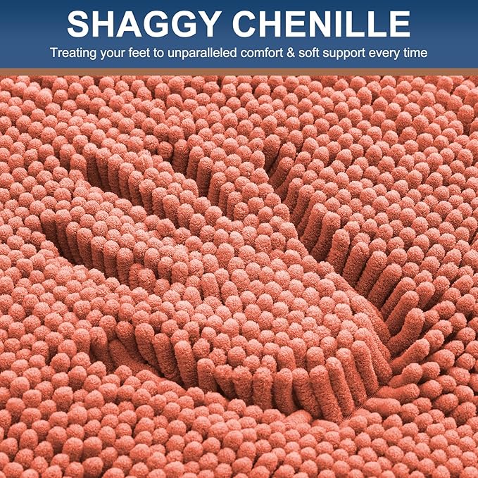 Smiry Luxury Chenille Bathroom Rugs 47x20, Extra Soft and Absorbent Shaggy Bath Mat, Machine Washable, Non-Slip Plush Carpet Runner for Tub, Shower, and Floor, Home Decor Accessories, Coral