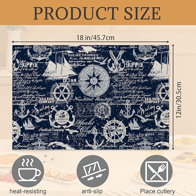 Nautical Navy Blue Placemats Set of 6,Washable Heat Resistant 12×18 Inch Linen Table Mats Caribbean Sailing Place Mats for Party Outdoor Dining Décor