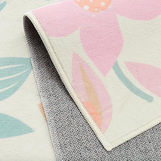 Floral Runner Rug 2x8 Washable Hallway Pink Bedroom Non Slip Cute Long Kitchen Carpet Botanical Indoor Soft Accent Rug for Bathroom Dining Laundry Living Room