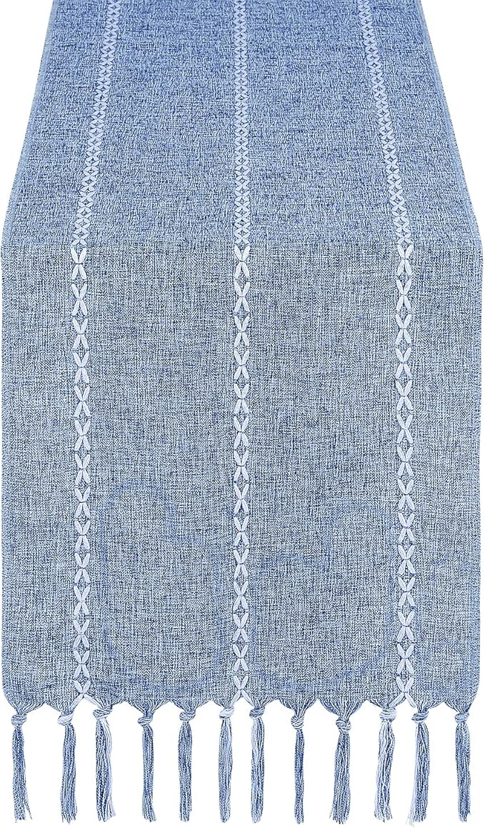 Rustic Farmhouse Style Linen Table Runner, Boho Handmade Tassel Embroidery Table Runners 48 Inches Long for Holiday Party, Dresser and Dining Decorations, 13 x 48 inch - Blue