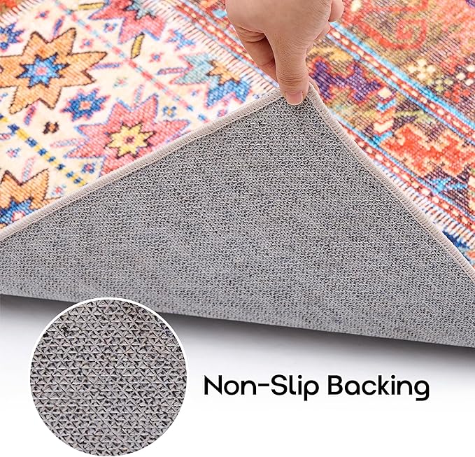 Area Rug 6x9 for Living Room,Washable Stain Resistant Geometric Boho Rugs for Dining Room Table,Terracotta Rust Burnt Orange Red and Navy Blue