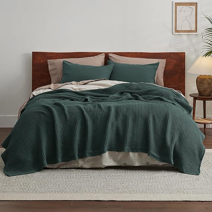 Bedsure 100% Cotton Blanket Queen Size for Bed - Breathable and Soft, Waffle Weave Blanket for Summer Spring, Dark Green, 90x90 Inches