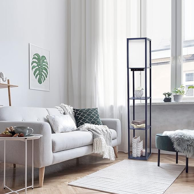 Simple Designs LF1037-NAV Floor Lamp Etagere Organizer Storage Shelf with 2 USB Charging Ports, 1 Charging Outlet and Linen Shade, Navy Blue