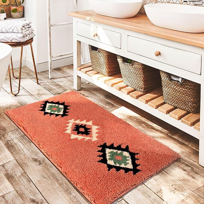 DEXDE Boho Bathroom Rugs Coral Red Bath Mat Non Slip Western Geometric Bath Rug Luxury Soft Absorbent Carpet for Bathroom Shower Kitchen Entryway Farmhouse Decor 24x36
