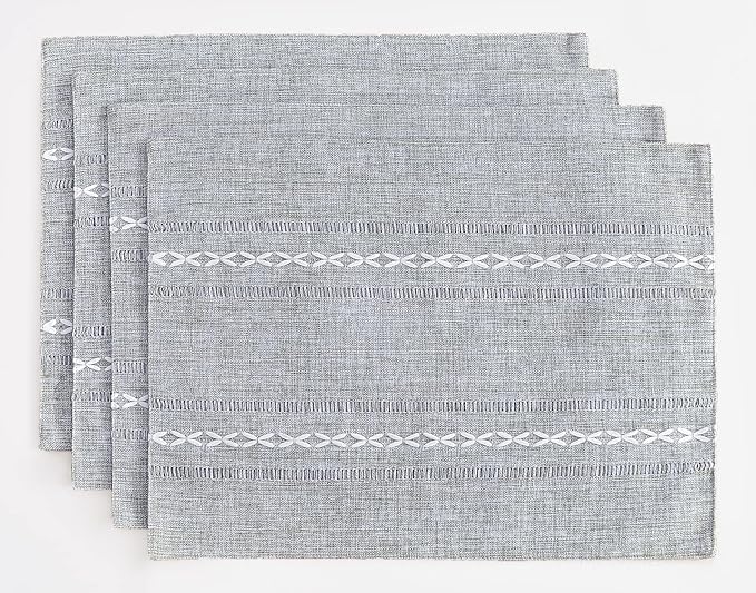 Wracra Cotton Linen Placemats, 12 x 18 Inch Set of 4 Fete Placemats Rustic Hemstitch Place Mats for Kitchen Table and Heat Resistant-Grey