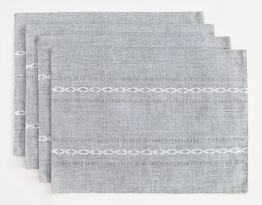Wracra Cotton Linen Placemats, 12 x 18 Inch Set of 4 Fete Placemats Rustic Hemstitch Place Mats for Kitchen Table and Heat Resistant-Grey
