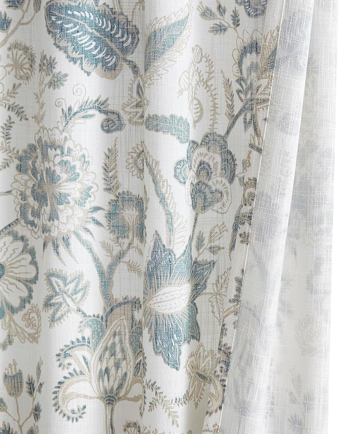Kayne Studio Botanical Print Semi Sheer Curtains Blue Grey Floral Leaf Farmhouse Linen Curtain Drapes Light Filtering Window Treatments for Living Room Bedroom Rod Pocket Back Tab,52"x63",2 Panels