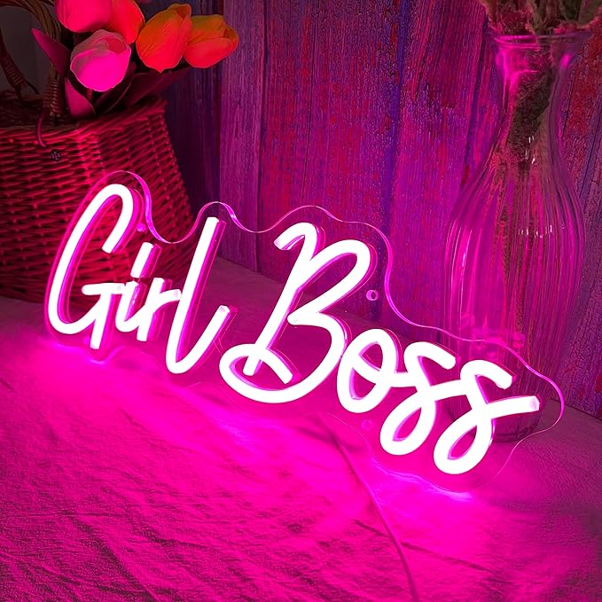 Girl Boss Neon Pink USB Led Light Up Sign for Girls Bedroom Home Wall Decor Female Office Dest Wall Art Sign Christmas Birthday Gifts, 15.7 x 5.9 Inch