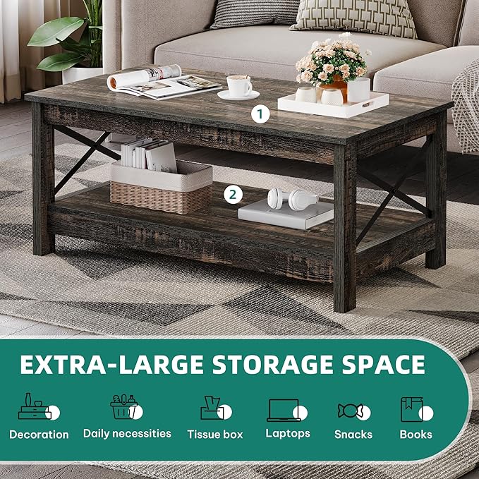YITAHOME Coffee Tables for Living Room, Modern Farmhouse Coffee Table with Storage, 2-Tier Center Table for Living Room Wood Table Accent Cocktail with Sturdy Frame, Dark Rustic Oak