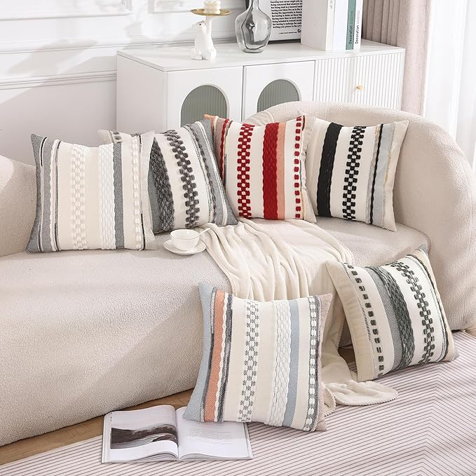 Tosleo Boho Throw Pillow Covers 18x18 Set of 2 Striped Decorative Pillow Cases Accent Chenille Pillowcases Farmhouse Cushion Case Bohemian Nuetral Textured Pillow Cover,Gray