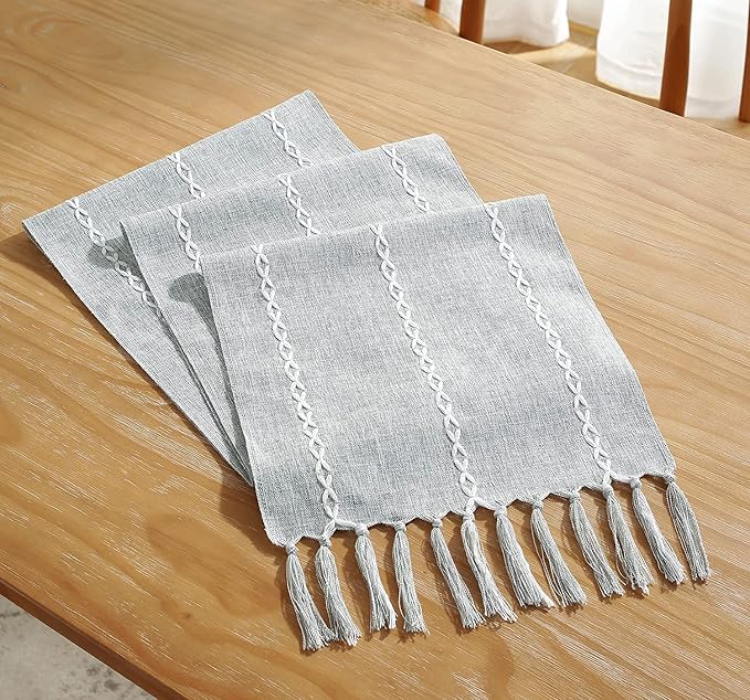 Chassic Rustic Farmhouse Style Linen Table Runner, Boho Handmade Tassel Embroidery Table Runners 90 Inches Long for Holiday Party, Dresser and Dining Decorations, 13 x 90 inch - Light Grey
